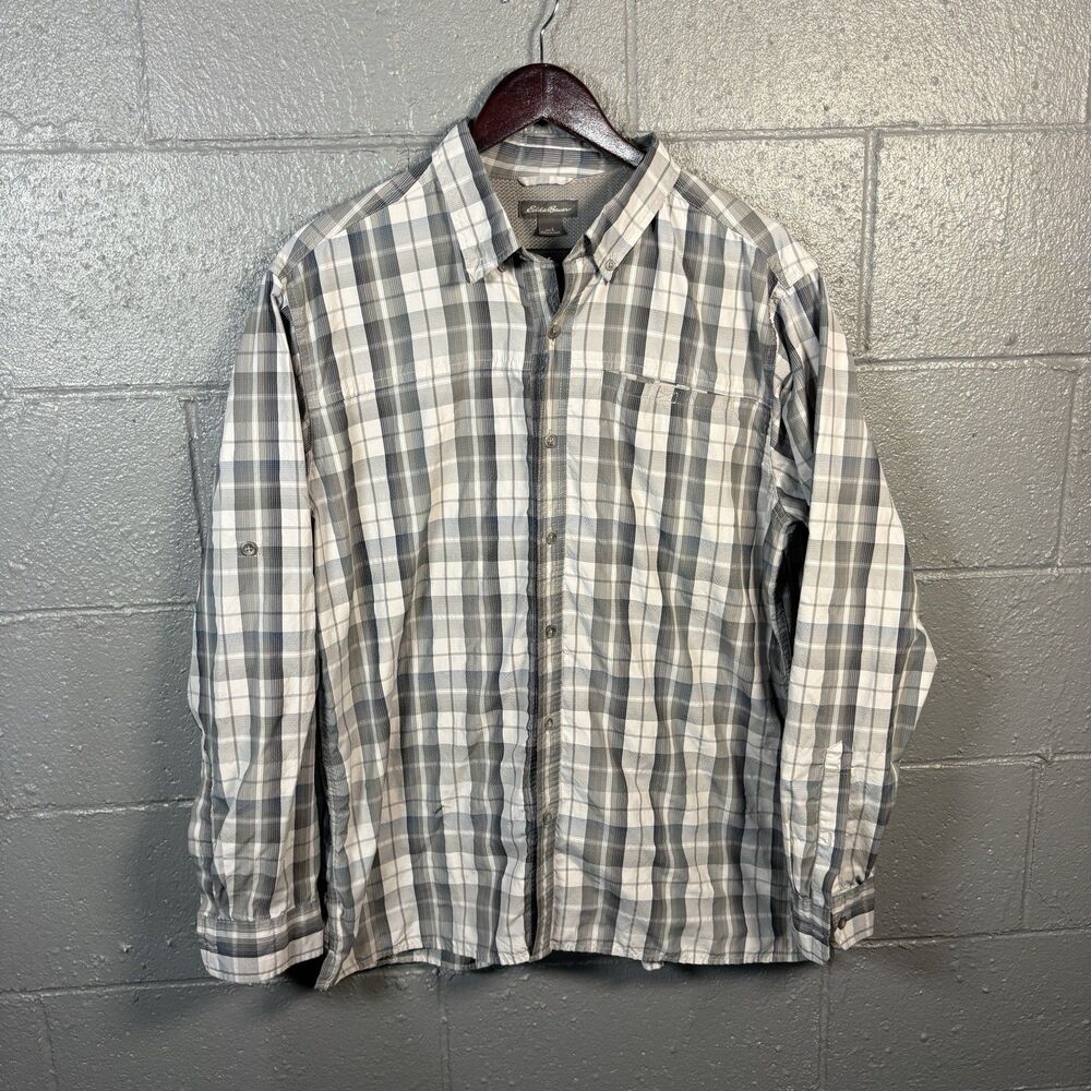 Eddie Bauer Shirt Men's L Gray Plaid Button Down Hiking Outdoor Roll Tab Cotton